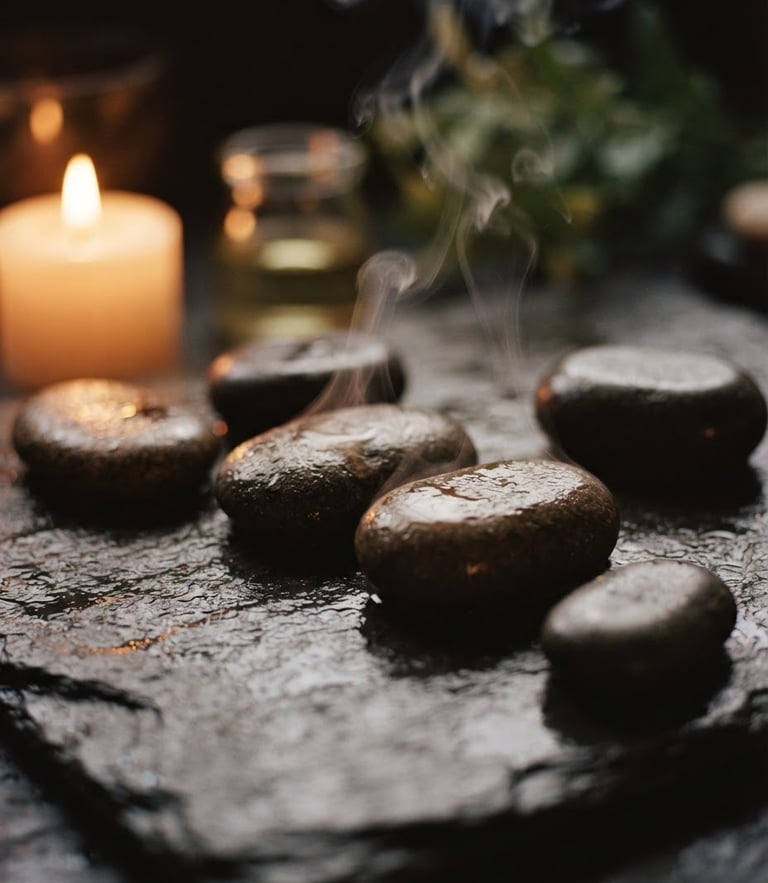 Close-up of warm massage stones on dark slate with soft golden candlelight and rising steam, rich earthy tones, shallow depth of field, 35mm