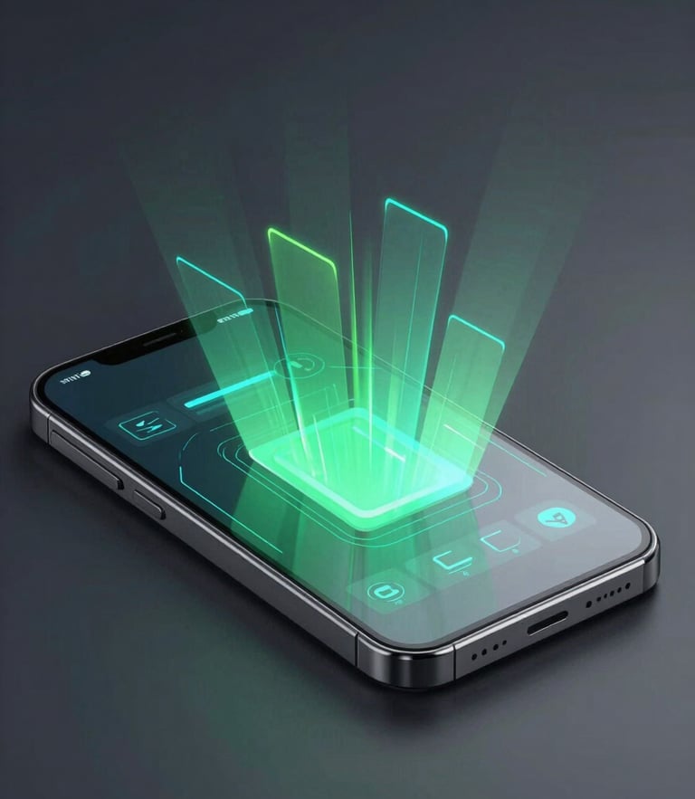 Isometric 3D render of a sleek slate-gray smartphone, glowing neon green and teal interface lines projecting from the screen, dark studio lighting, soft reflections on glass.