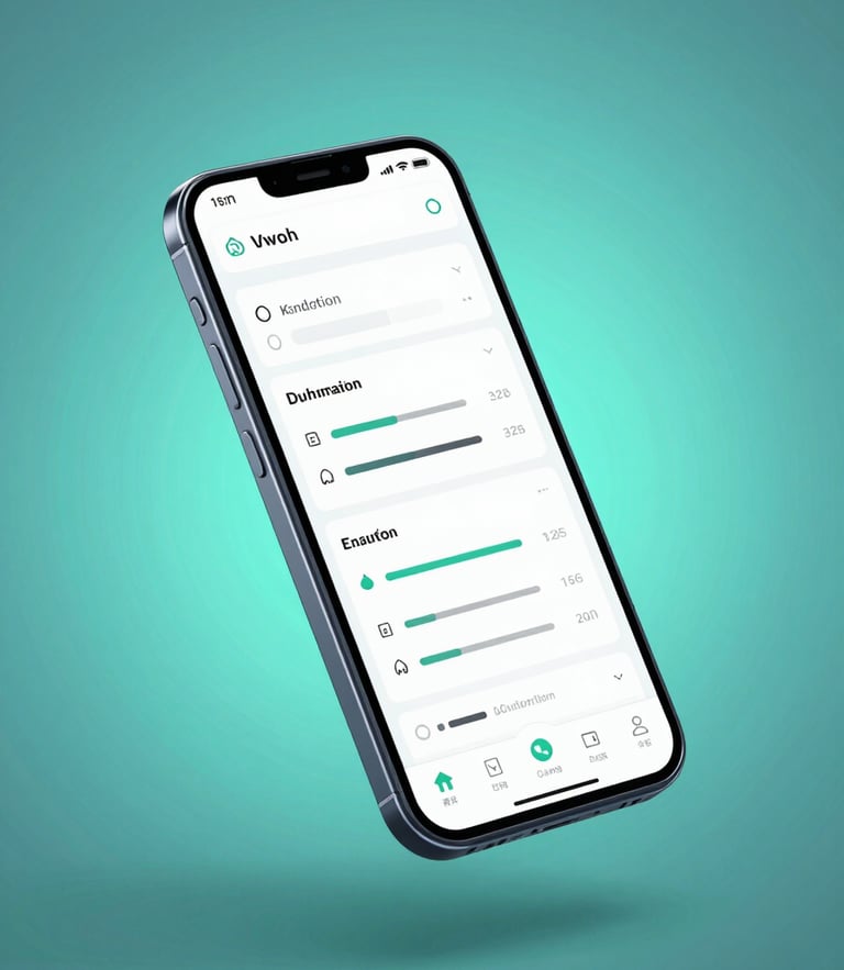 Isometric high-fidelity 3D render of a sleek dark Android device floating in a backlit studio with soft electric teal neon glow, displaying a clean system utility interface with minimal sliders.