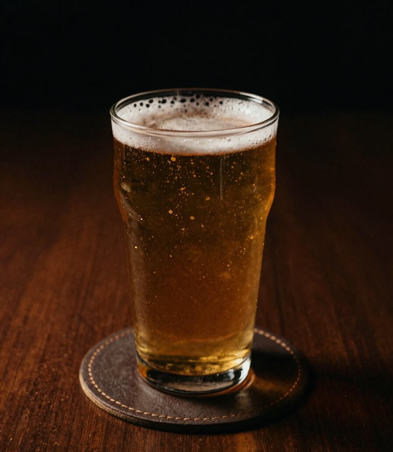 Low-key editorial shot of a glass of cold beer on a dark leather coaster, warm amber side-lighting, rich textures, 35mm film