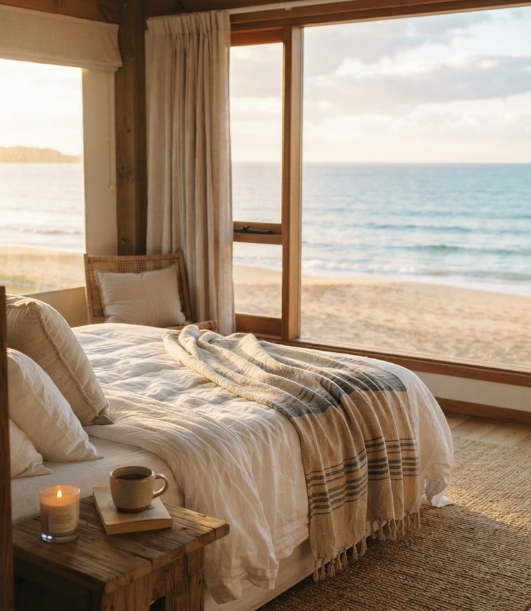 A warm editorial photograph of a sun-drenched room with ocean views at Hotel Park Beach Resort, golden-hour morning light reflecting off the quiet beach outside the window, soft sandy tones and ocean blues, 35mm, shallow depth of field.