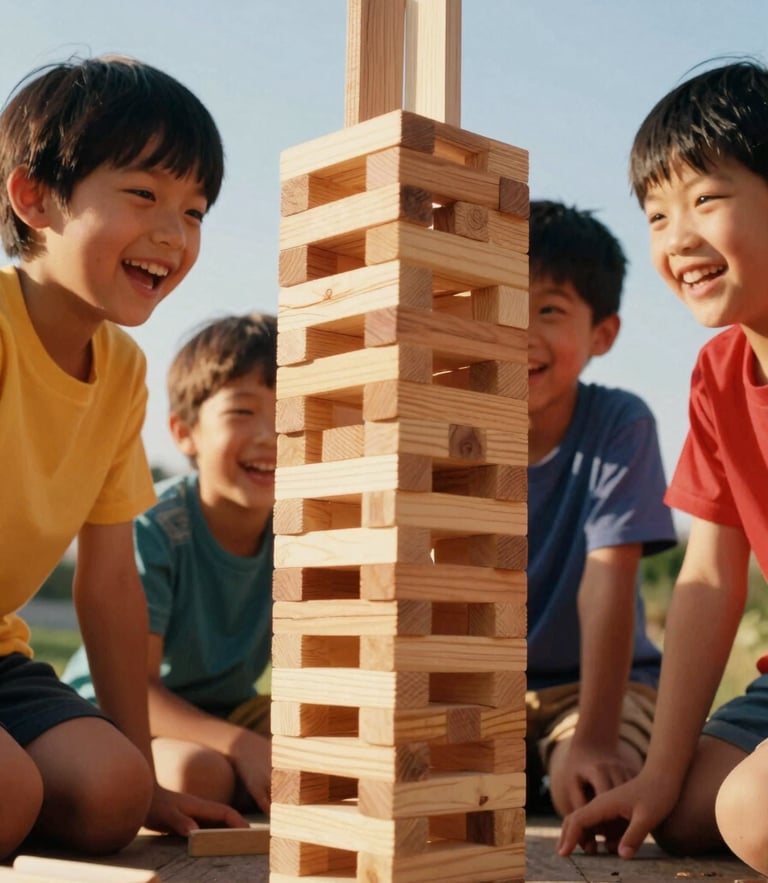Dynamic low-angle shot of children laughing and building a giant wooden tower game together, warm golden hour sunlight streaming in, rich saturated primary tones, 35mm style
