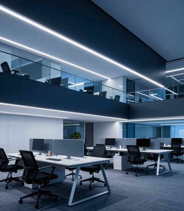 Sleek corporate technology photography, wide-angle architectural lens showing a high-contrast modern workspace with cool ambient blue lighting.