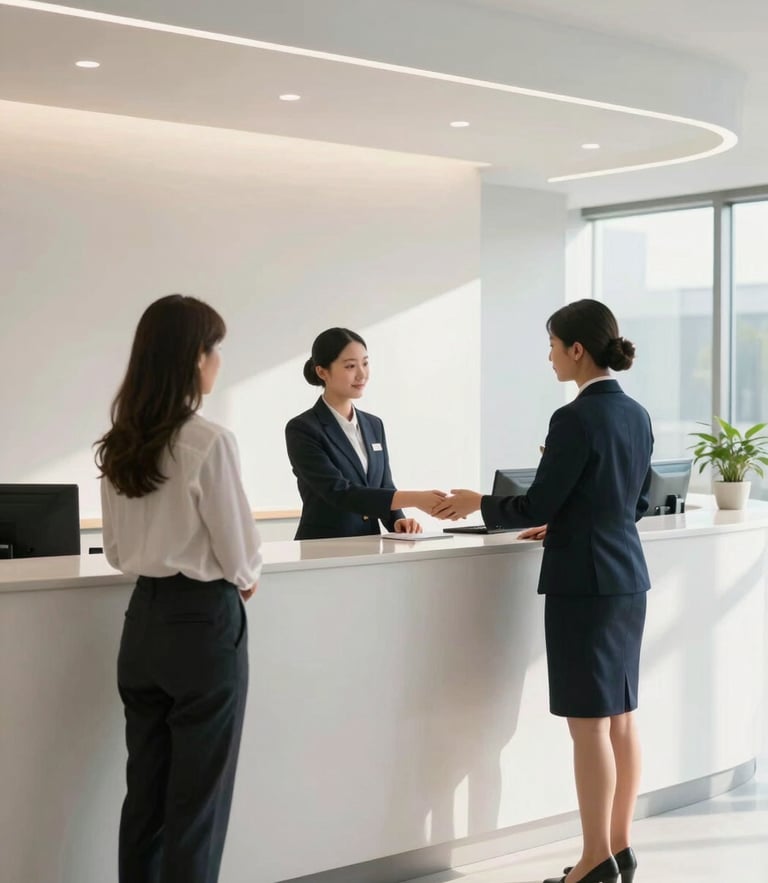 Wide environmental shot of a clean, modern corporate reception desk with a professional uniformed receptionist greeting visitors under bright, natural light.