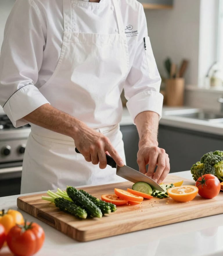 Bright domestic kitchen, a professional chef in a clean apron slicing fresh colorful vegetables on a wooden board, natural morning light, Saint-Omer style.