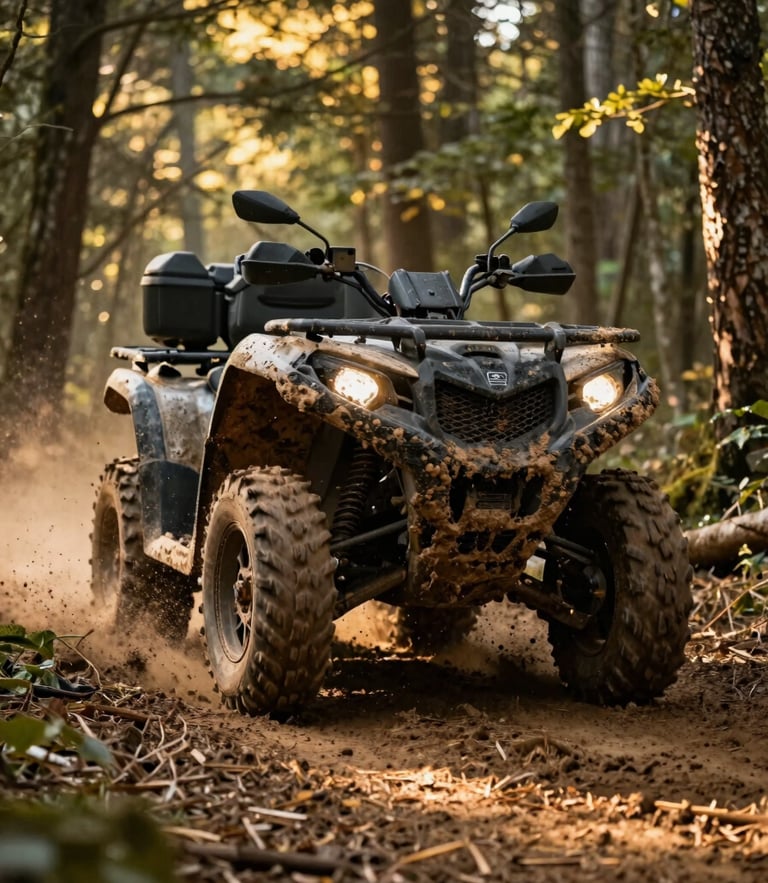 Low-angle dynamic action shot of a mud-splattered ATV tearing through a forest trail, kicking up dirt, dramatic golden hour sunlight filtering through trees.