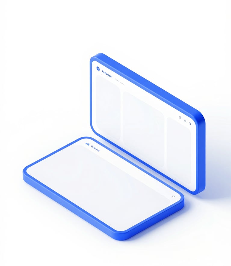 Minimalist isometric 3D render of modern digital devices displaying clean user interfaces, bright high-key studio light, minimalist white and electric blue, sharp focus, modern tech aesthetic