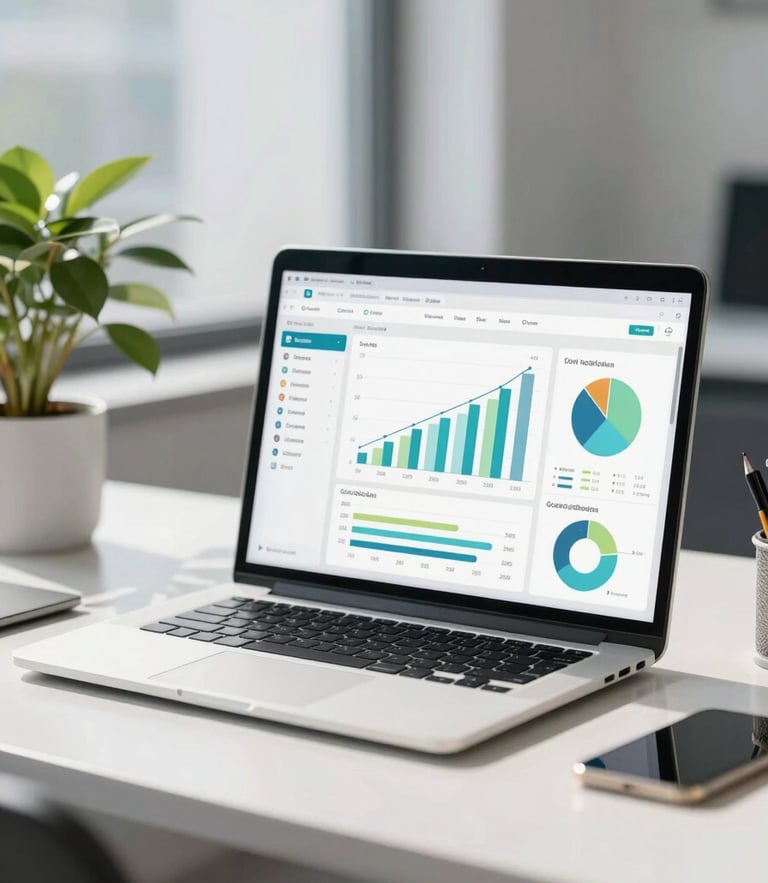Bright modern workspace with natural daylight, a clean UI dashboard showing growth charts on a laptop screen, 35mm lens, sharp focus