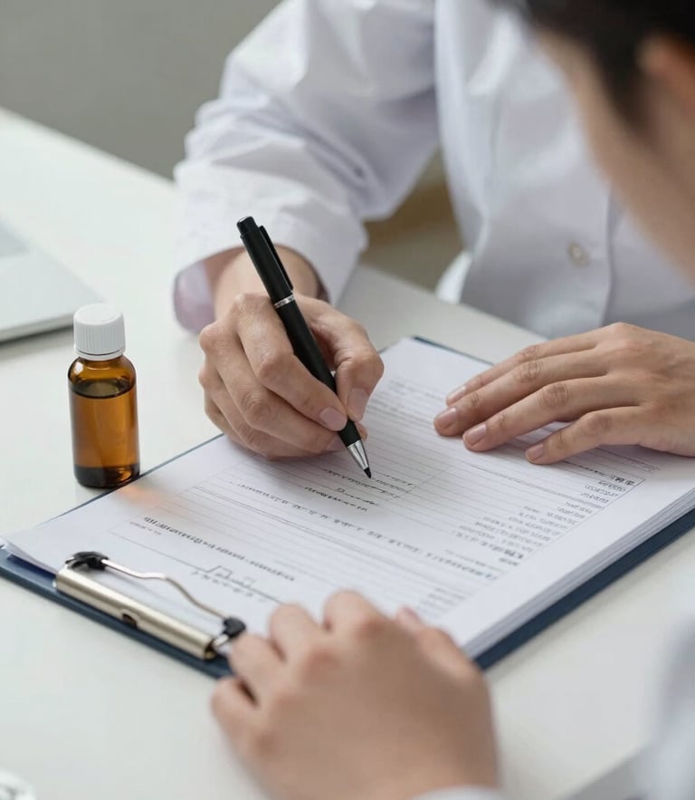 A clinical practitioner's hands writing notes on a heavy paper medical chart, a small amber glass bottle of herbal extract nearby, soft natural side lighting, professional and calm.