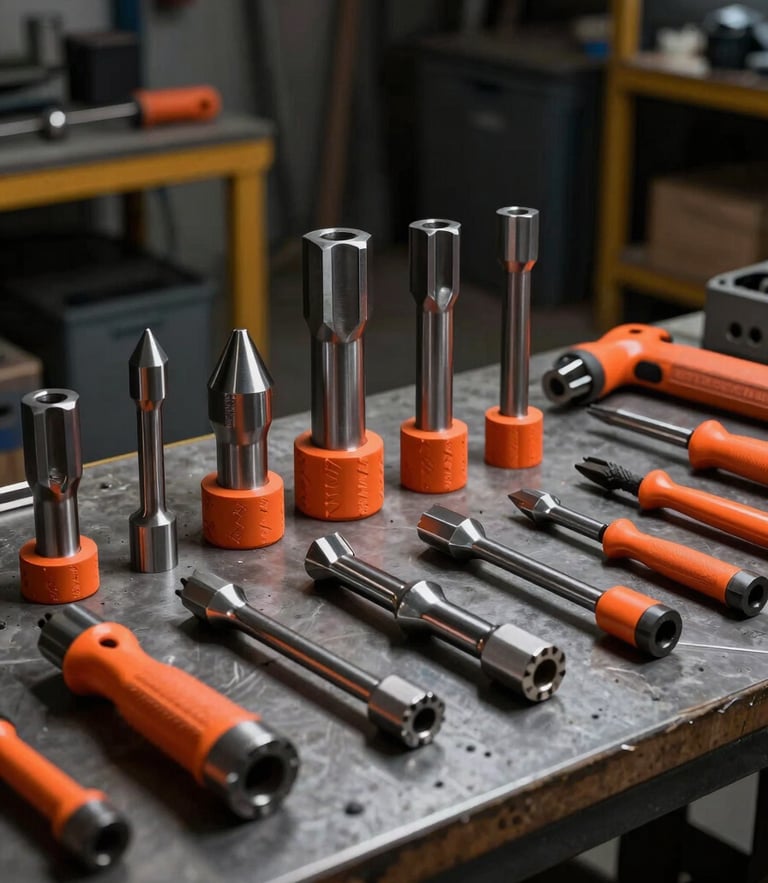 Industrial heavy-duty steel tools organized on a workshop table, safety orange accents, dramatic high-contrast warehouse lighting, 50mm lens