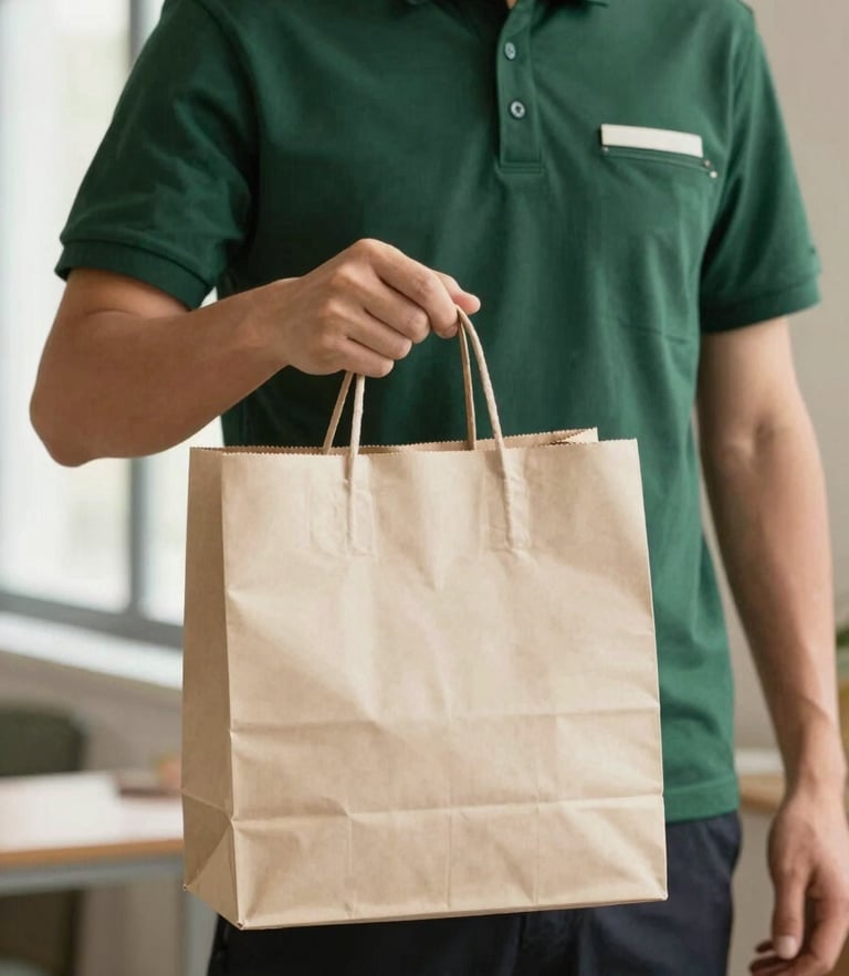 Warm editorial photograph of a professional courier in a clean, minimalist uniform holding an unmarked luxury paper bag, soft natural window light, shallow depth of field, 35mm