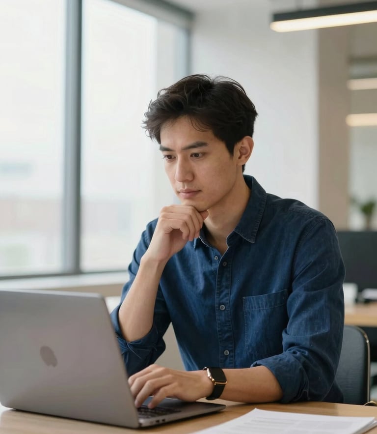 A professional environmental portrait of a focused entrepreneur in a bright modern workspace with subtle gold accents, looking thoughtfully at a laptop screen, 35mm photography