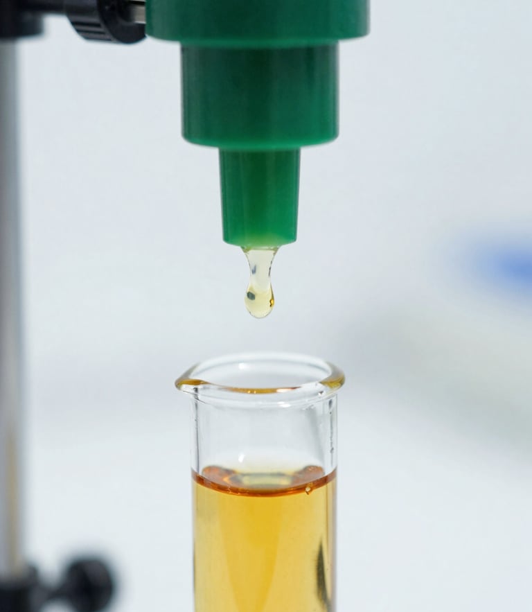Crisp macro photograph of steam distillation laboratory apparatus, pure amber essential oil dripping into a clear glass vial, bright natural daylight, clean white laboratory background.