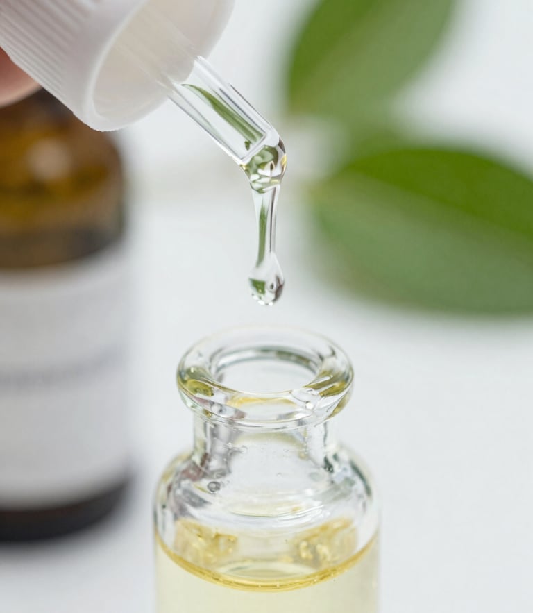 Macro close-up of pure essential oil dripping into a clear glass vial, bright natural laboratory light, sterile environment