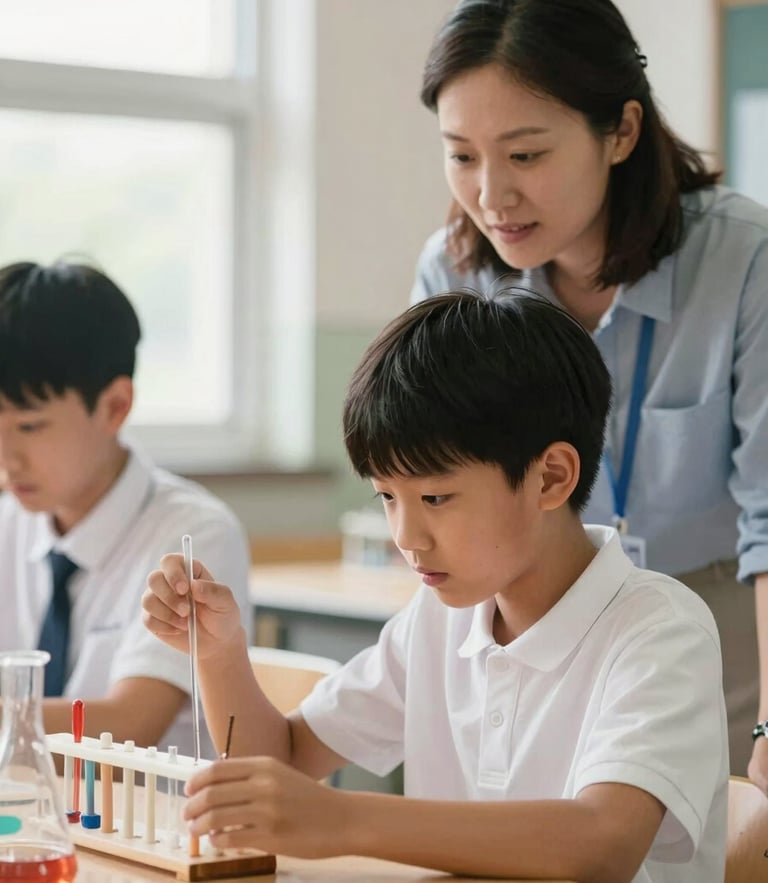 A warm, window-lit photo of a teacher guiding a middle school student through a hands-on science experiment, focus on their engaged expressions, shallow depth of field.