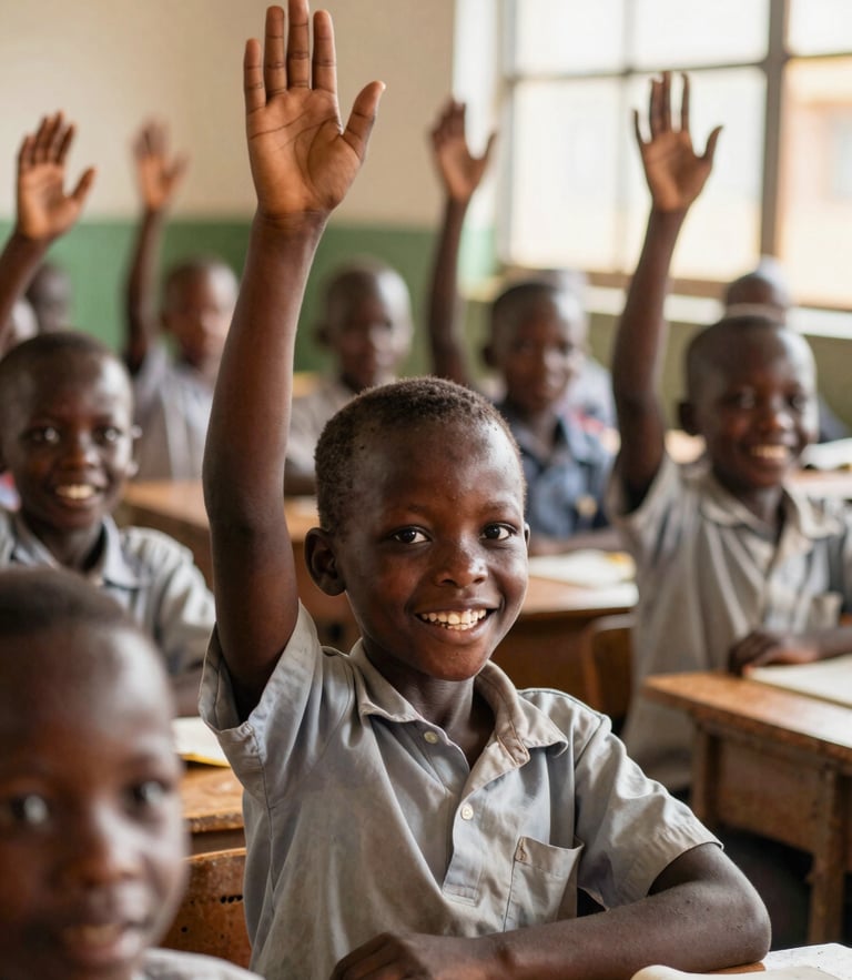 Eye-level daylight shot of smiling Ugandan school children raising hands in a bright classroom in Wakiso District, natural warm lighting.