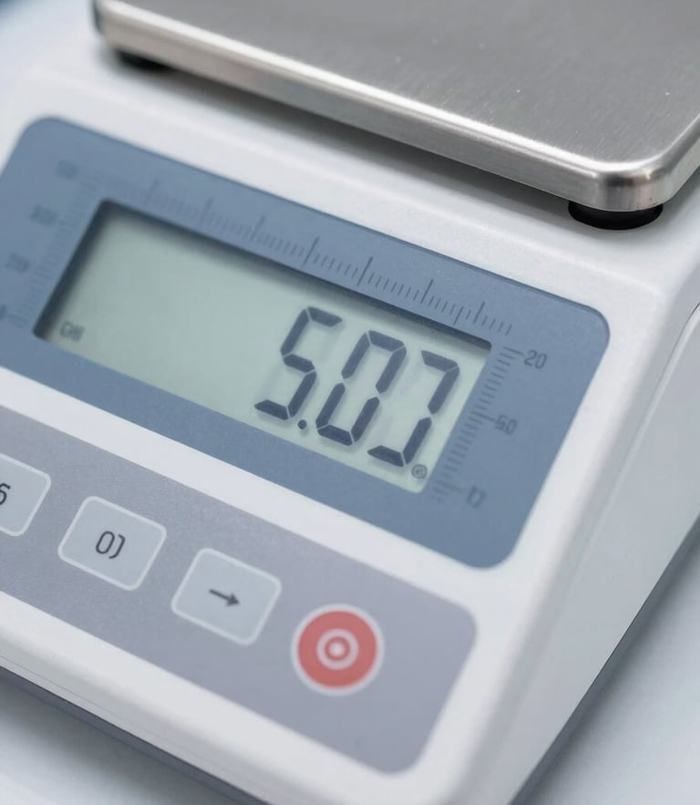 Sharp macro shot of a digital scale indicator displaying precise metric numbers under bright neutral white studio light, 50mm