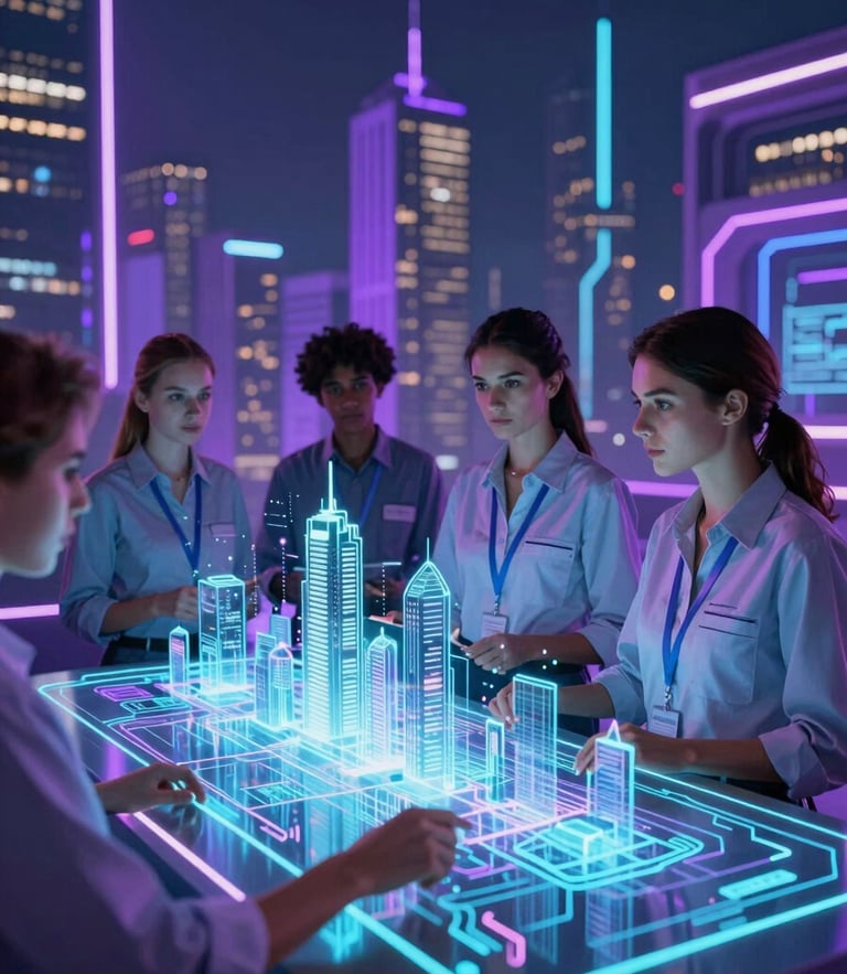 Futuristic digital photography of a diverse female engineer analyzing a glowing holographic smart city layout, neon purple and cyan reflections, sharp focus, cinematic wide-angle