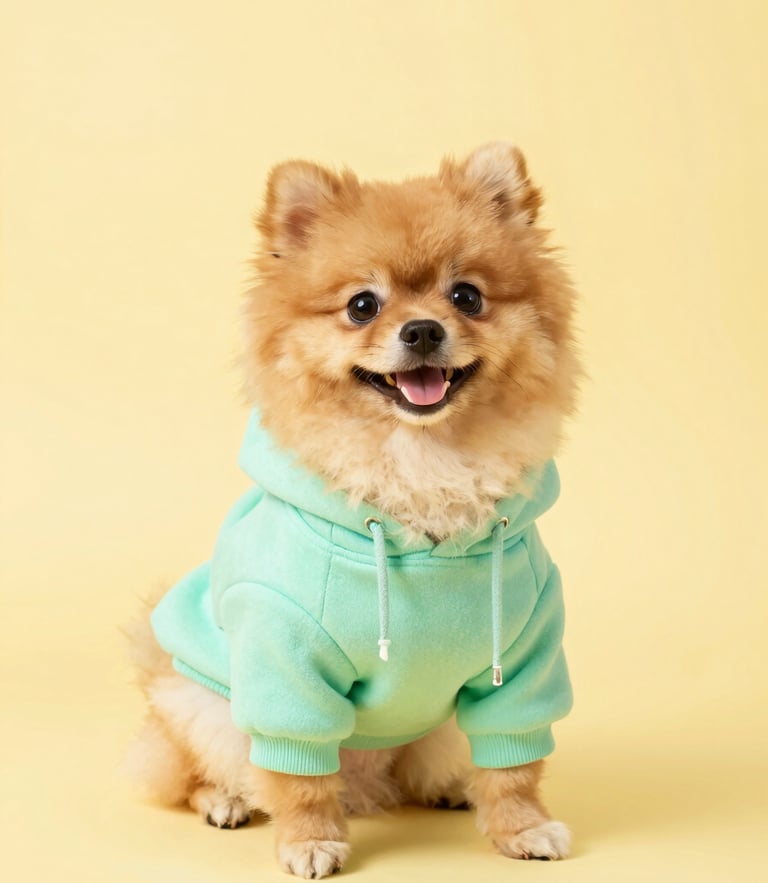 Bright high-key studio photography of a happy Pomeranian wearing a colorful custom-tailored mint-green hoodie, looking playfully at the camera, soft sunny yellow backdrop