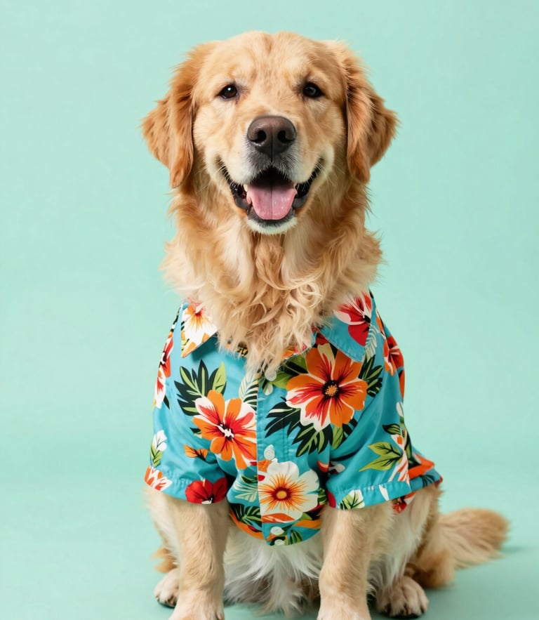 Bright high-key studio photography, a happy golden retriever wearing a colorful Hawaiian floral shirt, mint green background, cheerful soft lighting, 50mm lens