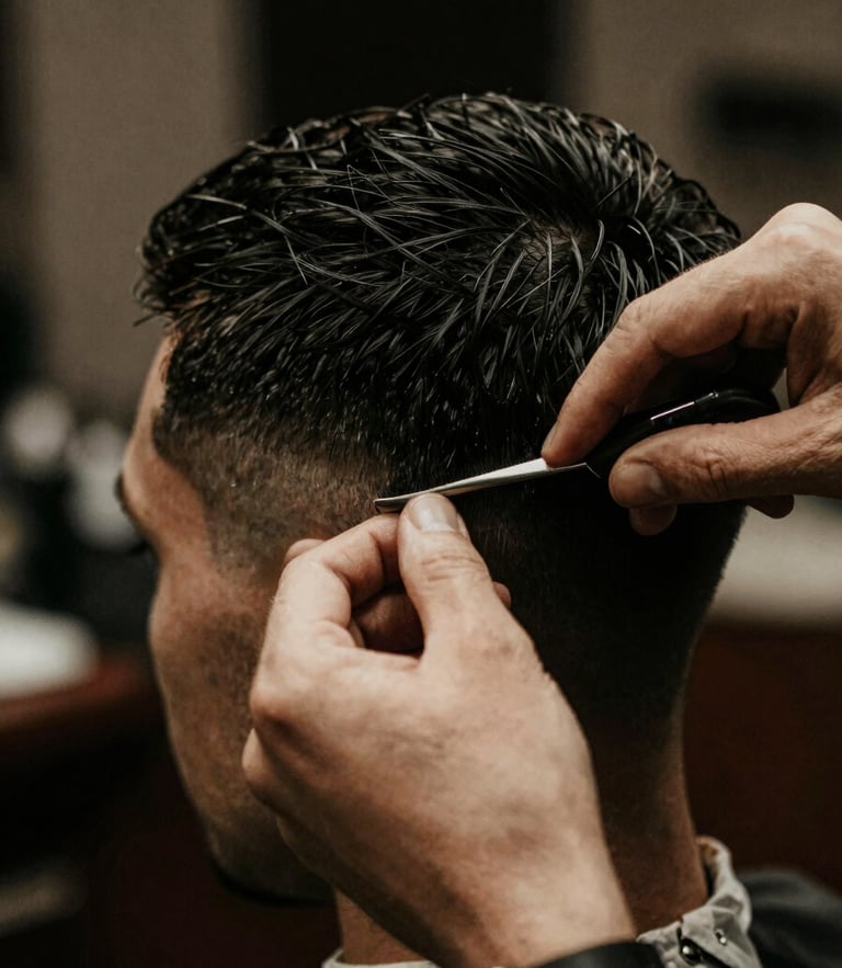 Close-up of a barber's hands performing a precise haircut, warm low-key ambient lighting, deep charcoal tones, shallow depth of field, 35mm