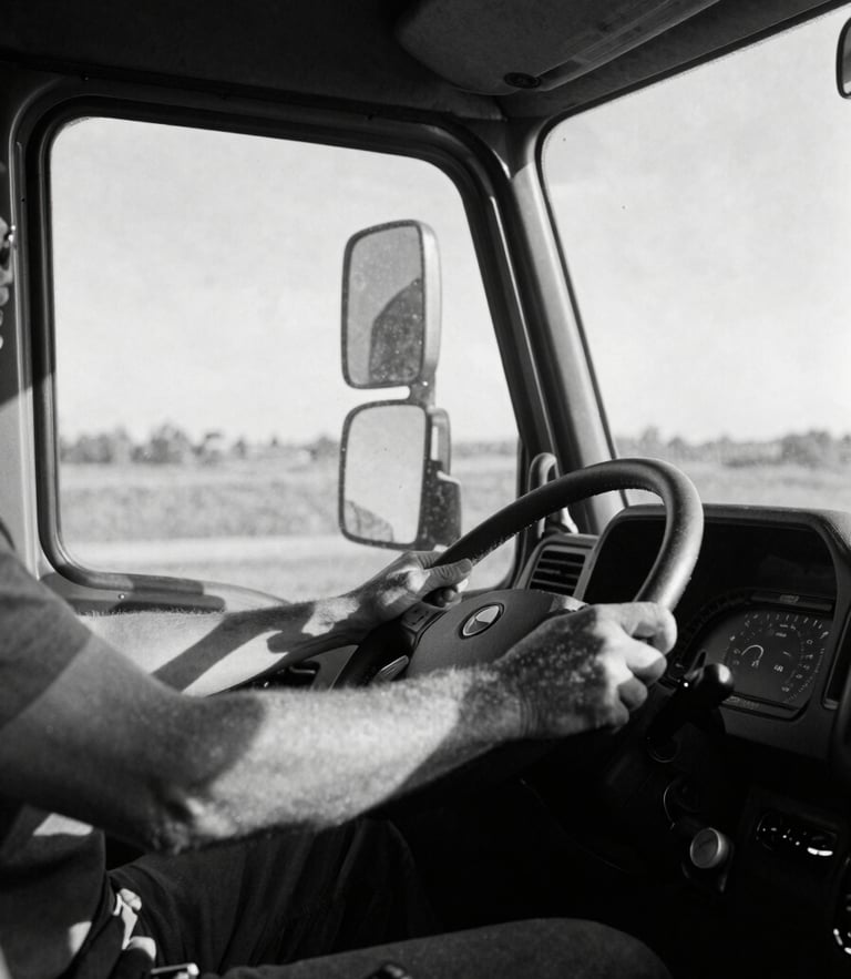 Wide-angle cinematic shot of a solo truck driver's hands on a steering wheel, harsh sunlight cutting through the cab window, deep shadows, black and white.