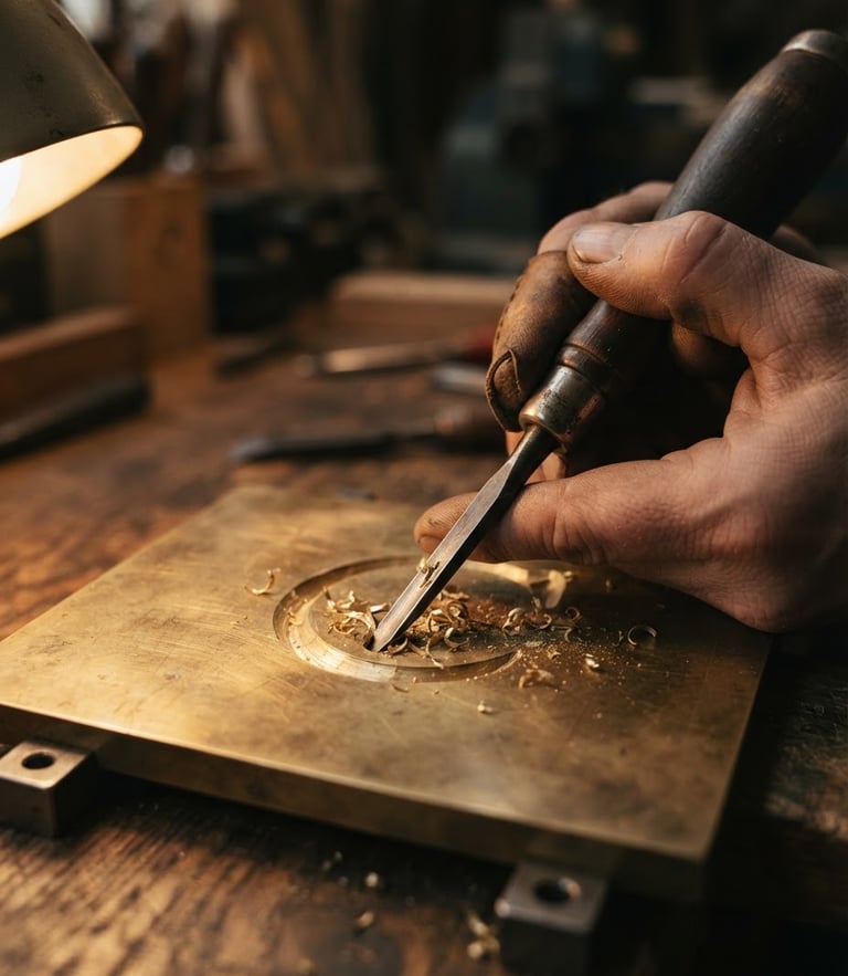 Macro close-up of a hand-guided chisel carving clean typography into a solid brass plate, brass shavings caught in dramatic side-lighting, shallow depth of field