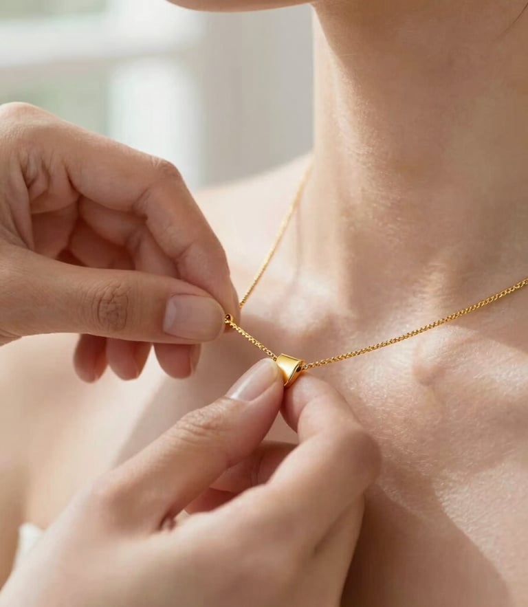 Extreme close-up of a jeweler's hands adjusting an unbroken gold necklace on a model's neckline, soft natural window light, warm gold tones, shallow depth of field, macro