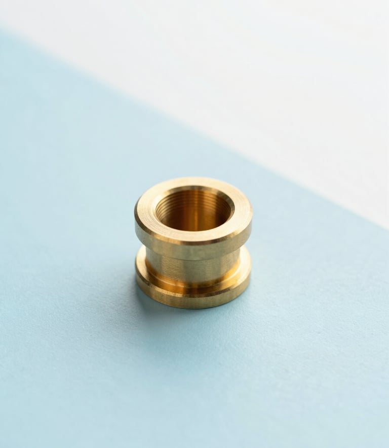 A close-up of a high-tolerance machined brass component resting on a clean, pastel blue surface under soft, diffused daylight, minimalist product photography style