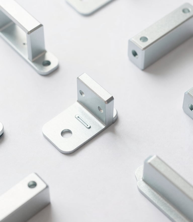 Overhead flat-lay photography of clean, millimeter-precise custom machined aluminum brackets on a high-key pastel background, soft diffused daylight, 50mm
