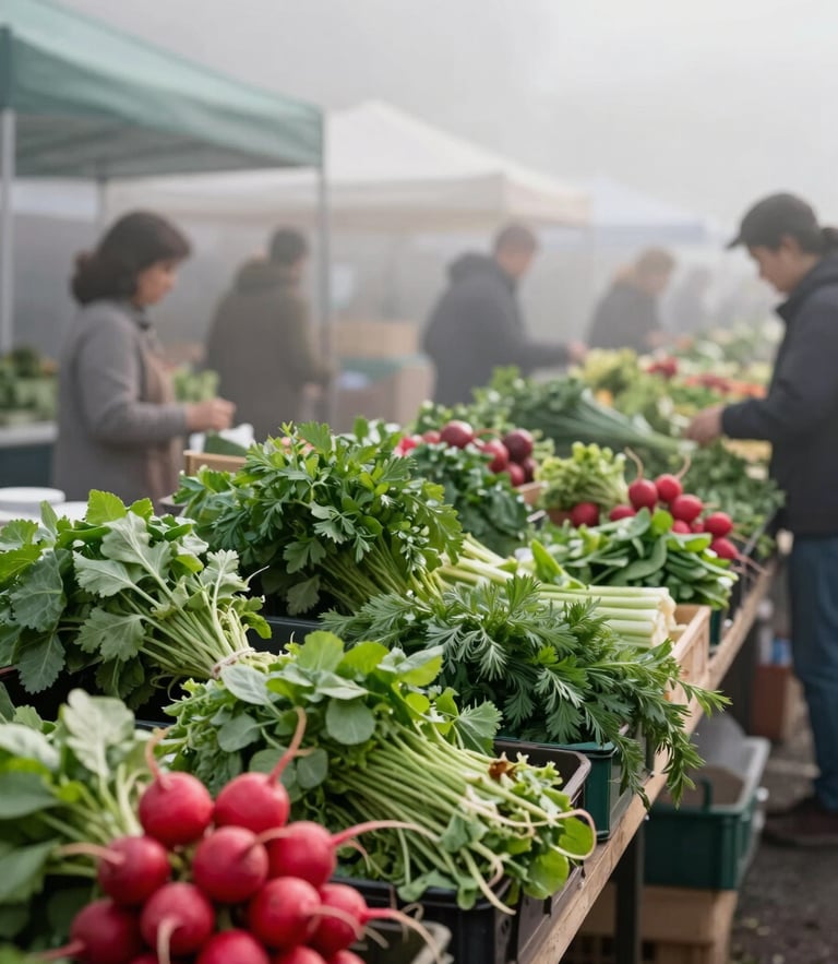 Wide environmental shot of a bustling outdoor farmers market stall under misty morning light, crates of vibrant green herbs and red radishes in the foreground.