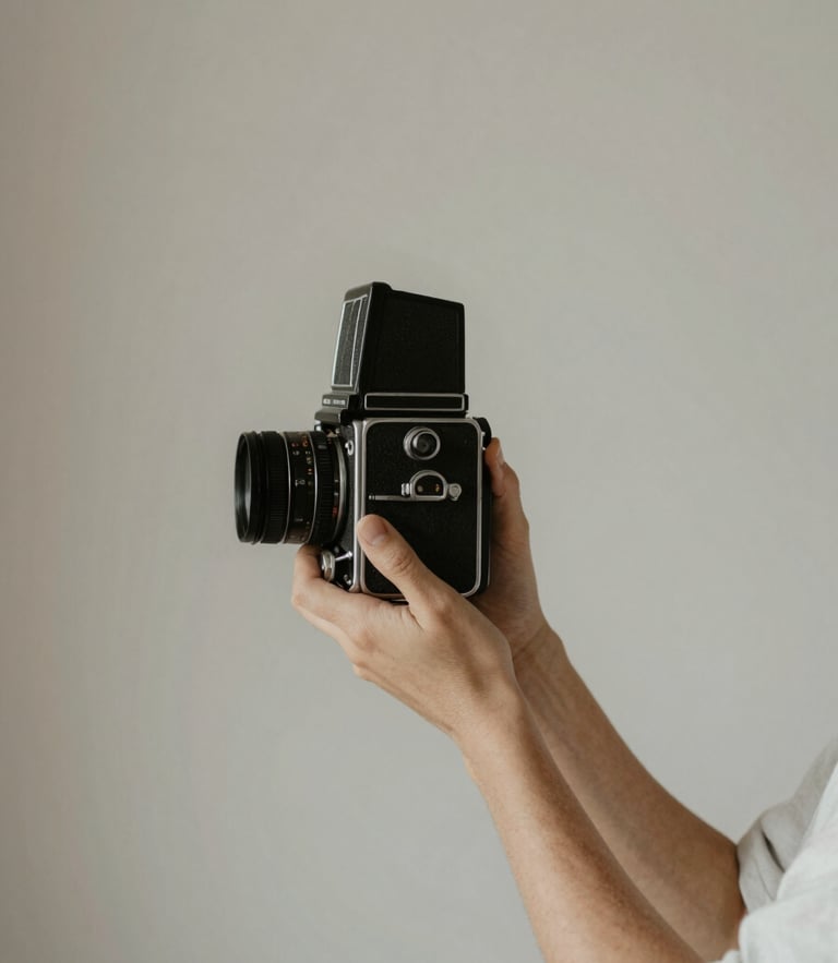 A quiet, natural-light portrait of a photographer holding a vintage medium format camera, soft diffused side light, muted neutral tones, minimalist background