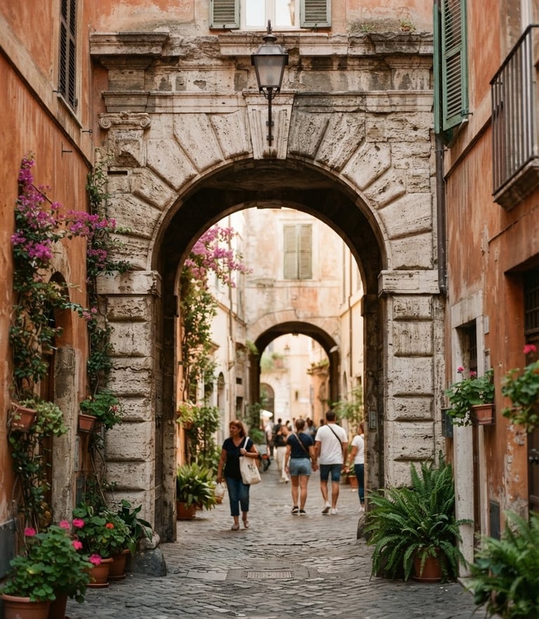 Soft natural daylight on a classic Roman stone archway, warm terracotta walls, cinematic 35mm composition