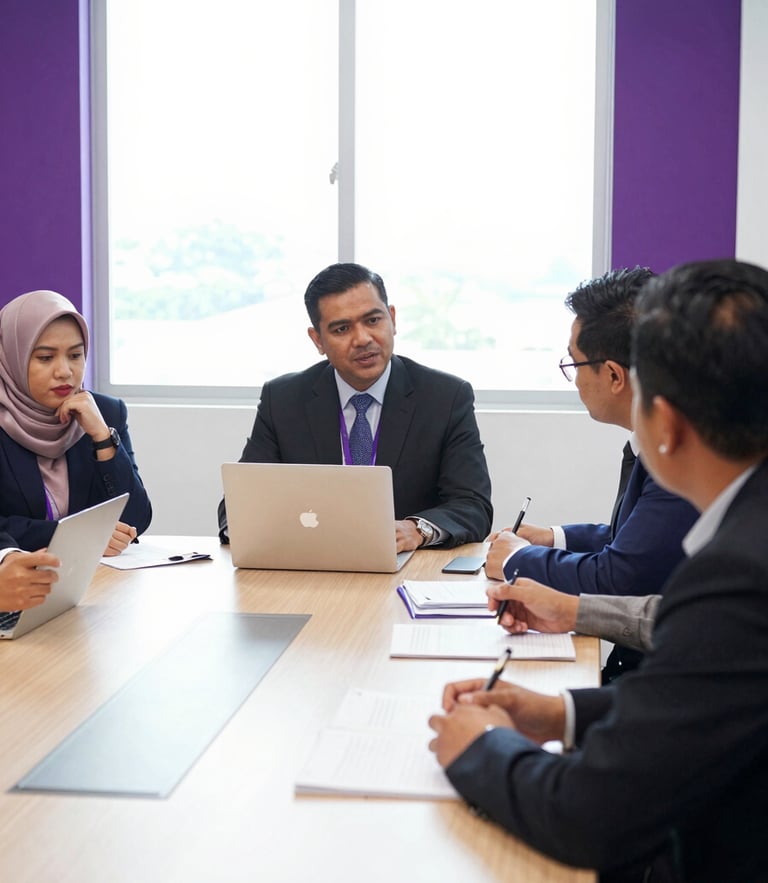 Medium-wide environmental shot of a professional corporate workshop in Kota Kinabalu, participants collaborating around a boardroom table, bright natural window light, purple accents, sharp focus, 35mm