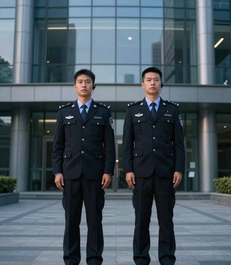 Symmetrical wide shot of a professional security agent in a tailored dark suit with a subtle earpiece, standing in front of a modern glass corporate facade at dusk, cool low-key cinematic lighting with silver highlights.