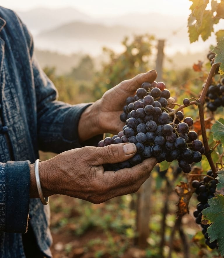 Close-up of weathered hands gently holding a cluster of dark grapes in the golden-hour sunlight of a Shan State vineyard, warm editorial photography, 35mm film.
