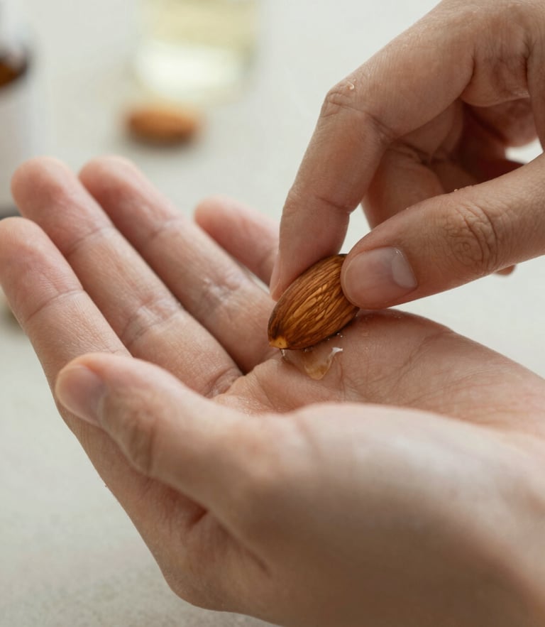 Soft natural light photography, extreme close-up of hands applying cold-pressed sweet almond oil, muted sage tones, shallow depth of field