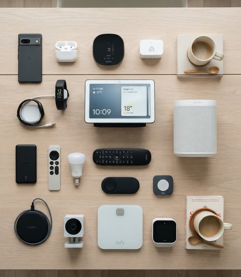 Overhead flat-lay of modern home appliances and smart tech gadgets on a clean white oak table, bright natural overcast daylight, crisp details
