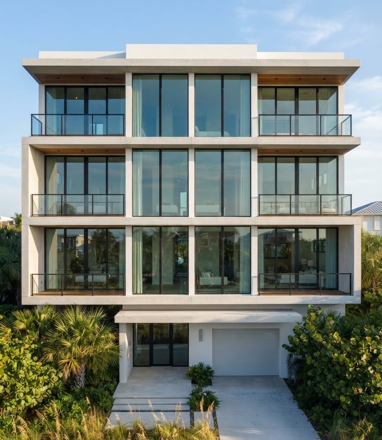 Straight-on architectural elevation of a modern, clean concrete and glass building facade in coastal Florida, bright crisp morning light, sharp focus, 35mm lens