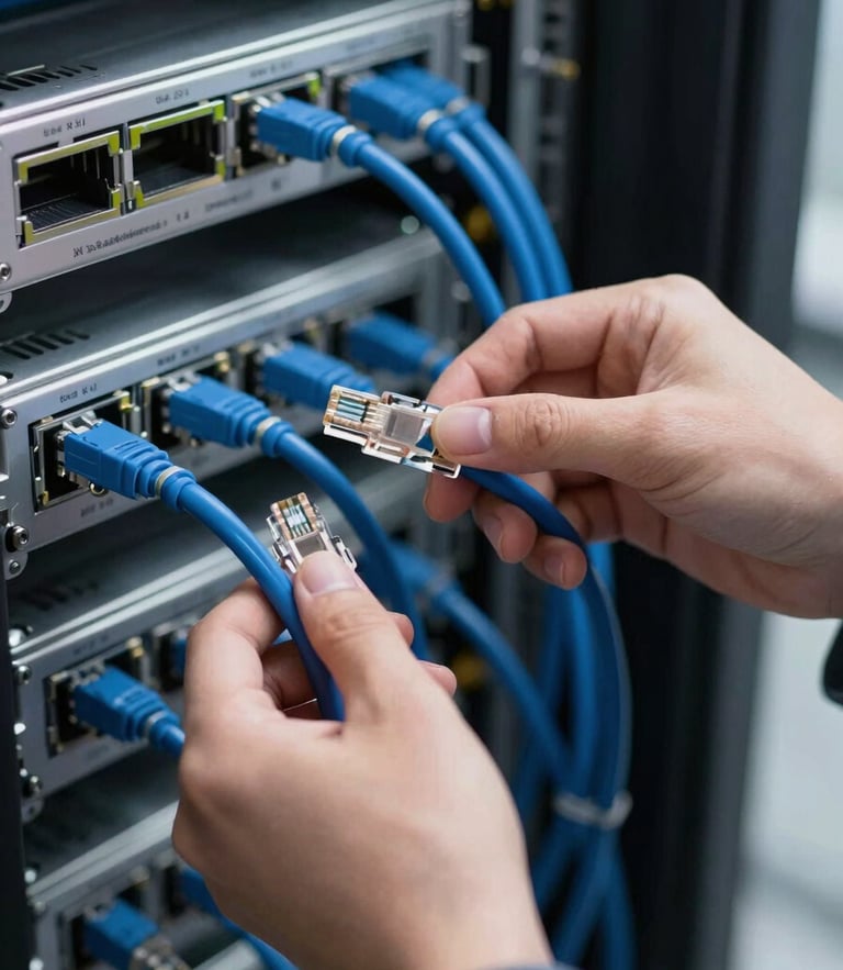 Close-up of a network engineer's hands organizing blue ethernet cables in a clean, modern server rack, daylight, shallow depth of field.