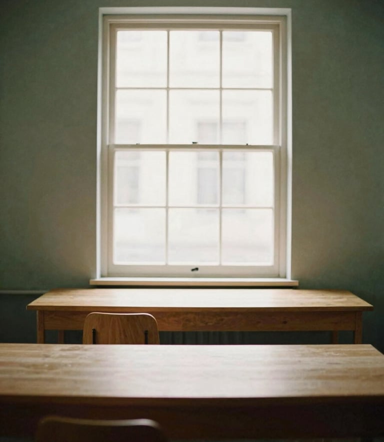 Soft natural window light illuminating a clean, minimalist Scandinavian engineering studio with warm wood desks, a low horizon, and a cozy atmosphere, 35mm film grain.