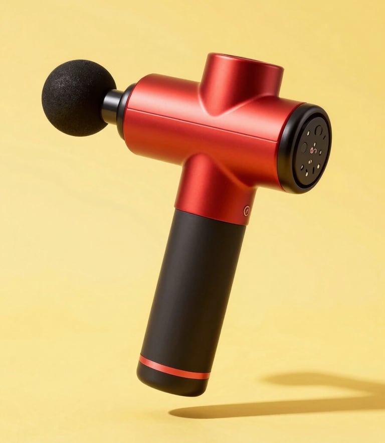 Vibrant studio shot of a sleek red massage gun floating against a sunny yellow background, high-key lighting, crisp shadows