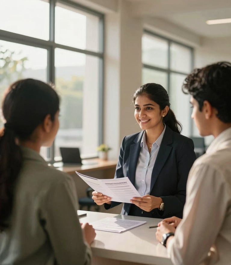 A medium shot of a modern, sunlit college admissions office in Hyderabad. A smiling female admissions counselor in professional attire is guiding a student and their parent through a brochure. Warm, natural light streams through large windows, highlighting clean architectural lines.
