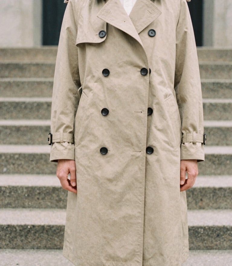 A medium-long environmental shot of a model wearing a structured oatmeal trench coat, standing on concrete steps in soft natural overcast daylight, 35mm film aesthetic.