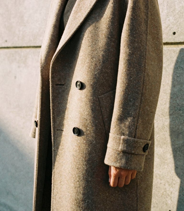A close-up of a structured wool coat drape against a concrete gallery wall, warm afternoon sun casting soft shadows, 35mm film aesthetic