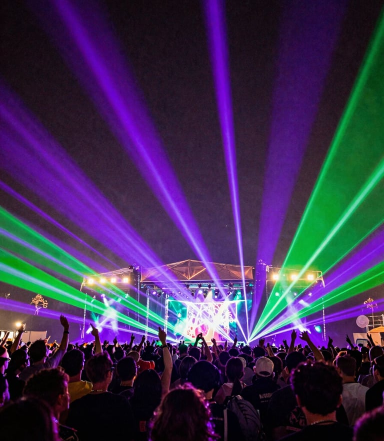 Low-angle wide shot of a massive music festival crowd under vibrant electric purple and acid green lasers, cinematic grain, 35mm