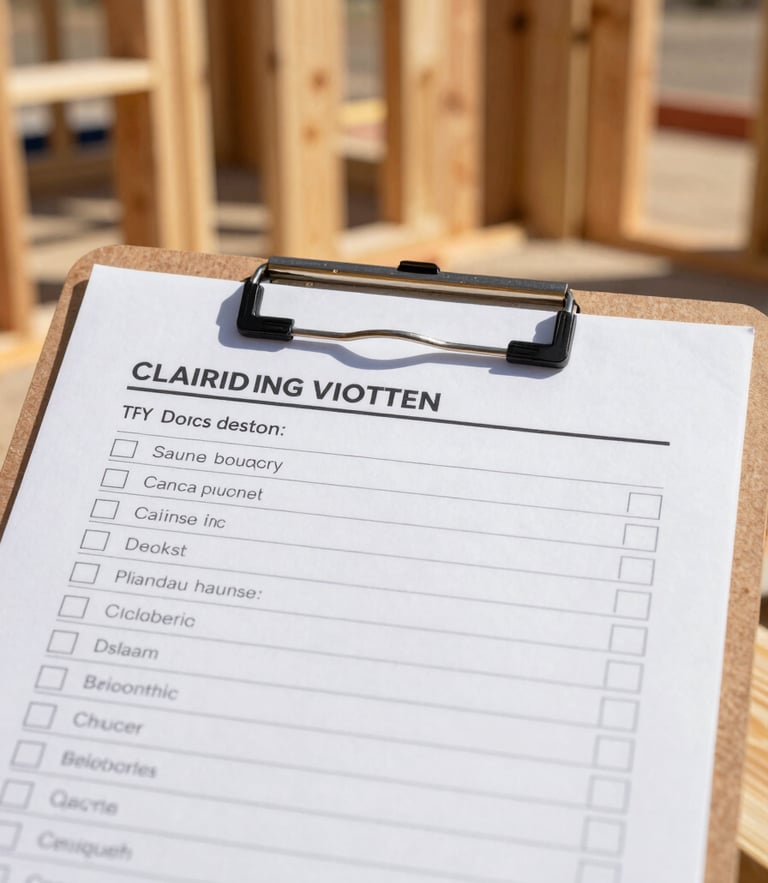 Documentary construction photography, close-up of a physical clipboard with a checklist on a wooden framing background, bright natural California daylight, 35mm lens