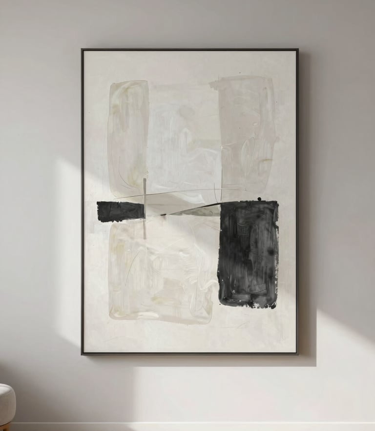Bright modern living room with a large minimalist abstract painting on the wall, soft natural daylight, neutral warm gray styling, 35mm lens