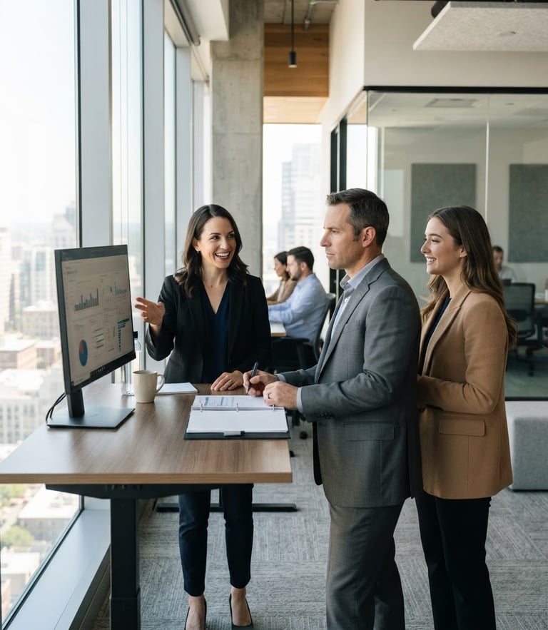 A professional, candid interaction in a clean, modern office setting with bright natural window light, sophisticated corporate tones, sharp focus
