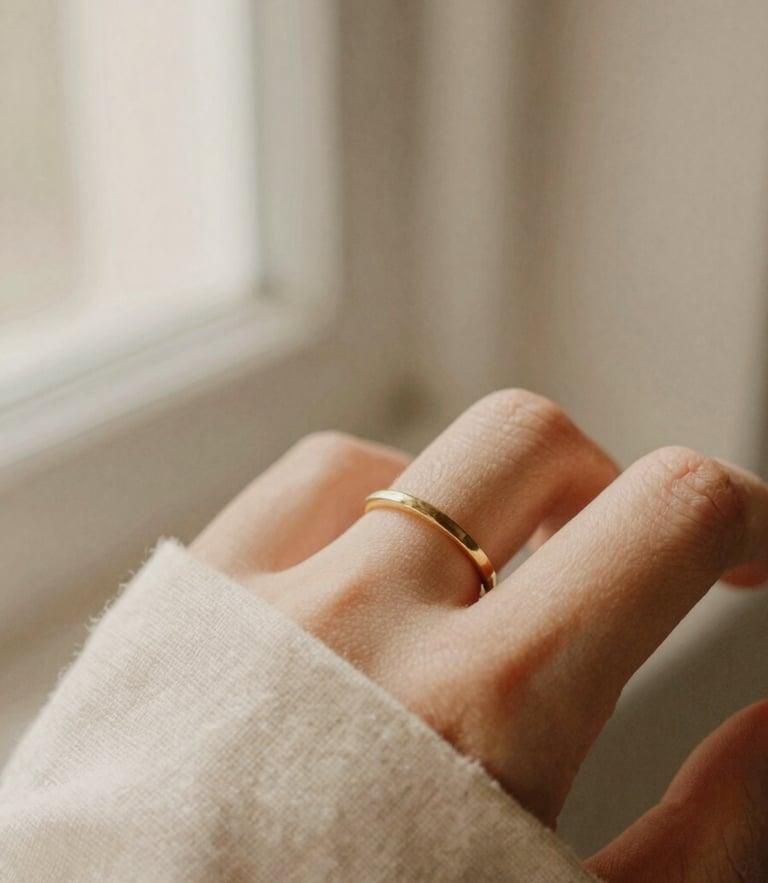 Close-up of a delicate gold ring on a finger resting gently on soft cream linen, warm diffused afternoon window light, 35mm film